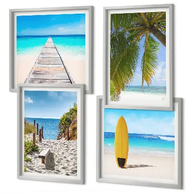 Set de 4 cuadros para salón con vistas vacacionales a la playa y palmeras