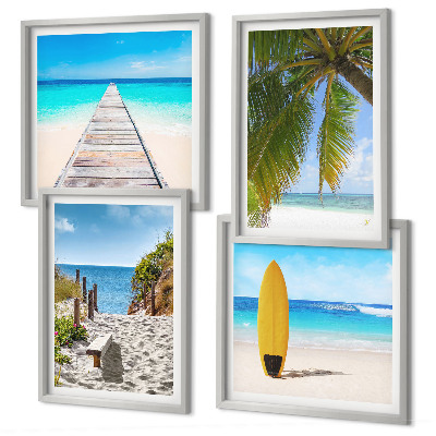 Set de 4 cuadros para salón Vistas vacacionales a la playa y palmeras