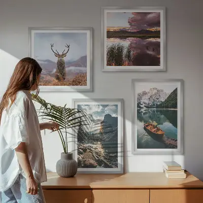 Set de cuadros modernos para salón con diseño de lago de montaña, barco, puesta de sol y ciervo