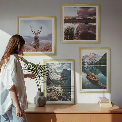 Set de cuadros modernos para salón con diseño de lago de montaña, barco, puesta de sol y ciervo