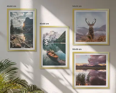 Set de cuadros modernos para salón con diseño de lago de montaña, barco, puesta de sol y ciervo