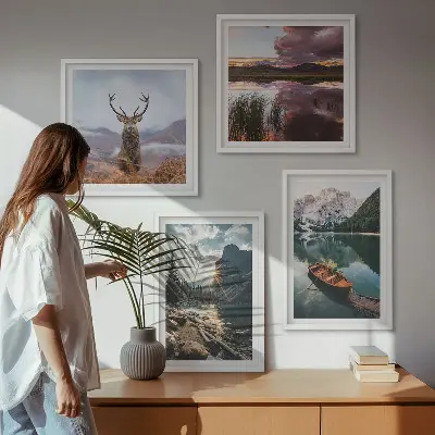 Set de cuadros modernos para salón con diseño de lago de montaña, barco, puesta de sol y ciervo