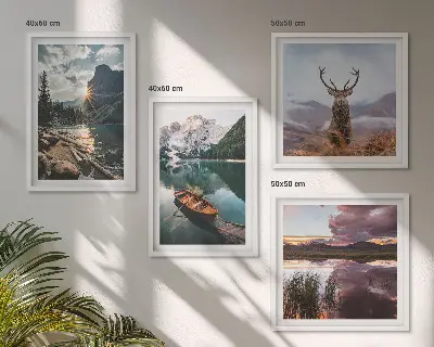 Set de cuadros modernos para salón con diseño de lago de montaña, barco, puesta de sol y ciervo