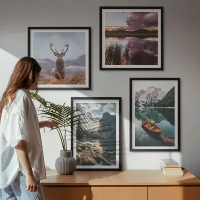 Set de cuadros modernos para salón con diseño de lago de montaña, barco, puesta de sol y ciervo