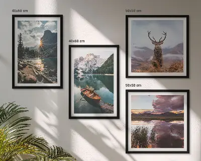 Set de cuadros modernos para salón con diseño de lago de montaña, barco, puesta de sol y ciervo