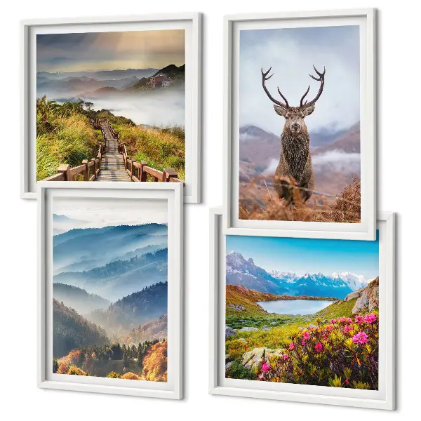 Set de 4 cuadros de paisajes diseño de montaña con lago y ciervos para salón