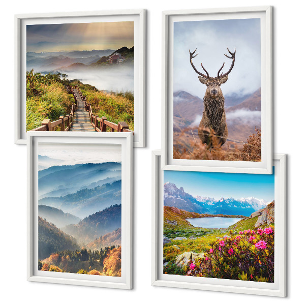 Set de 4 cuadros para salón paisaje de montaña lago ciervos