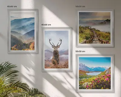 Set de 4 cuadros de paisajes diseño de montaña con lago y ciervos para salón