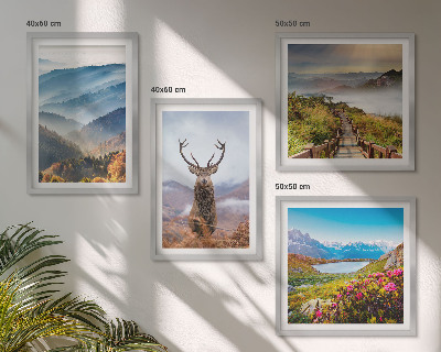 Set de 4 cuadros para salón paisaje de montaña lago ciervos