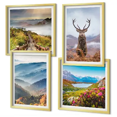 Set de 4 cuadros de paisajes diseño de montaña con lago y ciervos para salón