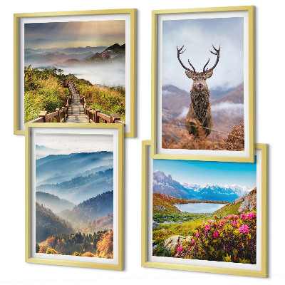 Set de 4 cuadros para salón paisaje de montaña lago ciervos