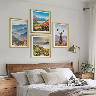 Set de 4 cuadros para salón paisaje de montaña lago ciervos