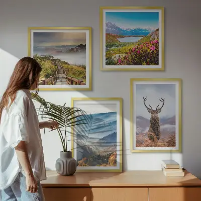 Set de 4 cuadros de paisajes diseño de montaña con lago y ciervos para salón