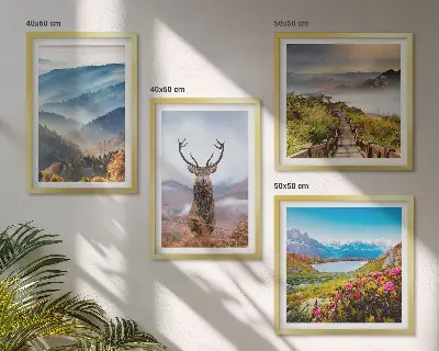 Set de 4 cuadros de paisajes diseño de montaña con lago y ciervos para salón