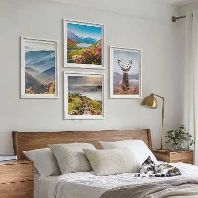 Set de 4 cuadros de paisajes diseño de montaña con lago y ciervos para salón