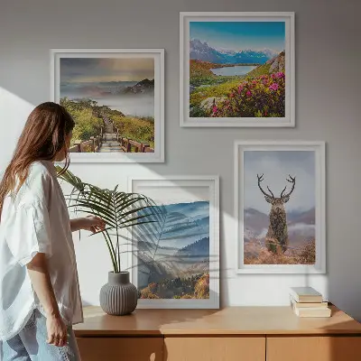 Set de 4 cuadros de paisajes diseño de montaña con lago y ciervos para salón