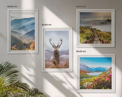 Set de 4 cuadros de paisajes diseño de montaña con lago y ciervos para salón