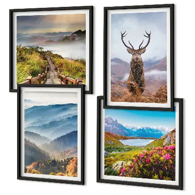 Set de 4 cuadros de paisajes diseño de montaña con lago y ciervos para salón