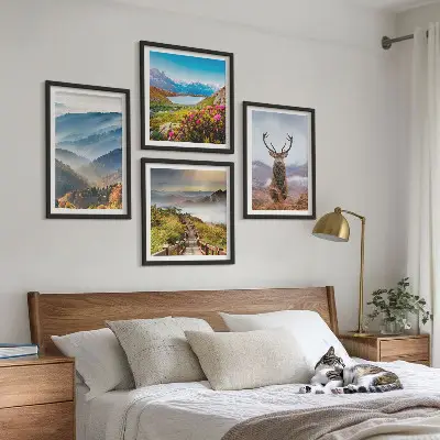 Set de 4 cuadros de paisajes diseño de montaña con lago y ciervos para salón