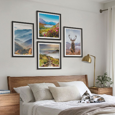 Set de 4 cuadros para salón paisaje de montaña lago ciervos