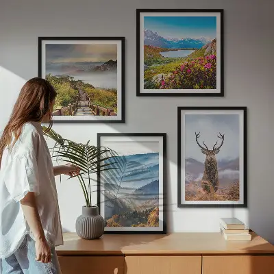 Set de 4 cuadros de paisajes diseño de montaña con lago y ciervos para salón