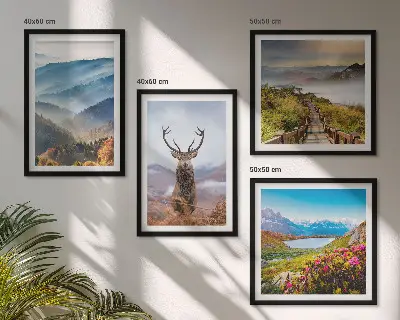 Set de 4 cuadros de paisajes diseño de montaña con lago y ciervos para salón