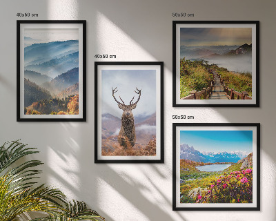 Set de 4 cuadros para salón paisaje de montaña lago ciervos