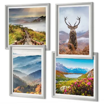 Set de 4 cuadros de paisajes diseño de montaña con lago y ciervos para salón