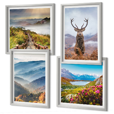 Set de 4 cuadros para salón paisaje de montaña lago ciervos