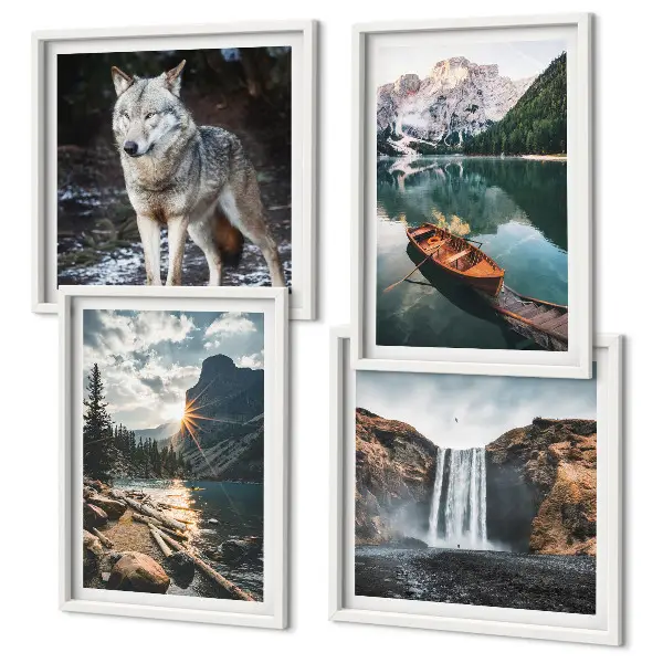 Set de 4 cuadros para salón con paisajes de montañas, lagos, cascada y lobo