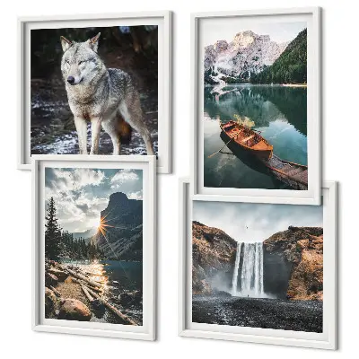 Set de 4 cuadros para salón con paisajes de montañas, lagos, cascada y lobo