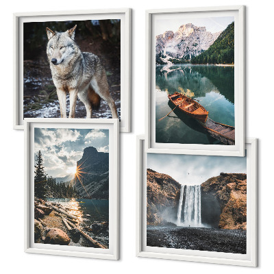 Set de 4 cuadros para salón Montañas, lagos, cascada, lobo