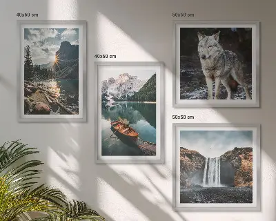 Set de 4 cuadros para salón con paisajes de montañas, lagos, cascada y lobo
