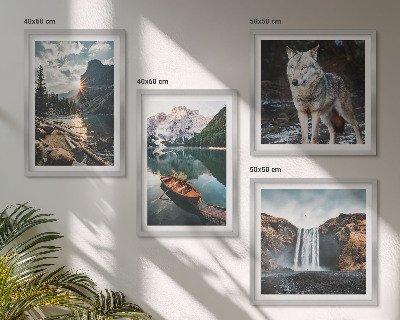 Set de 4 cuadros para salón Montañas, lagos, cascada, lobo