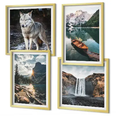 Set de 4 cuadros para salón con paisajes de montañas, lagos, cascada y lobo