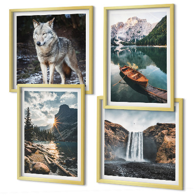 Set de 4 cuadros para salón Montañas, lagos, cascada, lobo