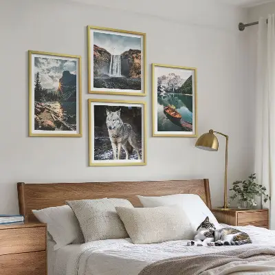 Set de 4 cuadros para salón con paisajes de montañas, lagos, cascada y lobo