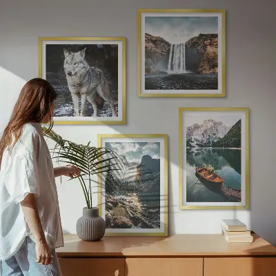 Set de 4 cuadros para salón con paisajes de montañas, lagos, cascada y lobo