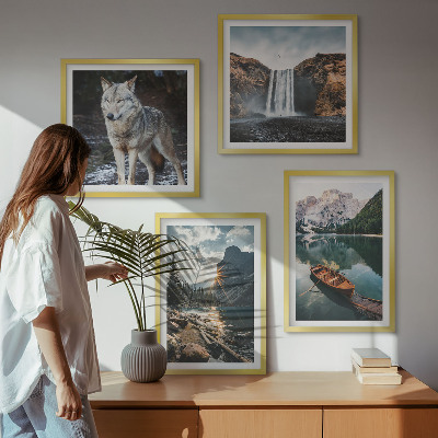 Set de 4 cuadros para salón Montañas, lagos, cascada, lobo