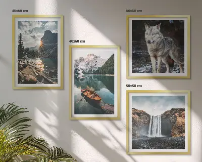 Set de 4 cuadros para salón con paisajes de montañas, lagos, cascada y lobo