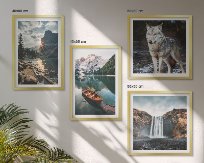 Set de 4 cuadros para salón Montañas, lagos, cascada, lobo