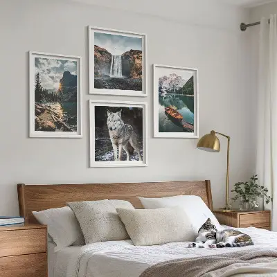 Set de 4 cuadros para salón con paisajes de montañas, lagos, cascada y lobo