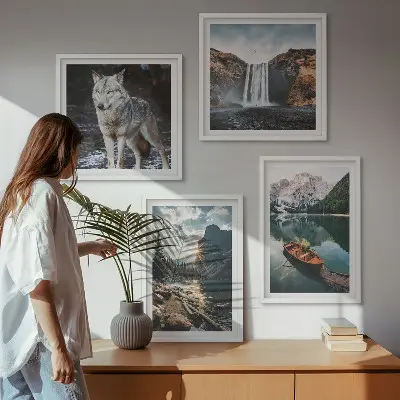 Set de 4 cuadros para salón con paisajes de montañas, lagos, cascada y lobo