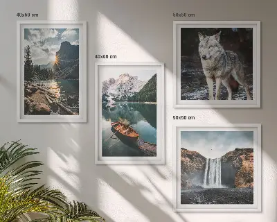 Set de 4 cuadros para salón con paisajes de montañas, lagos, cascada y lobo