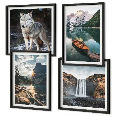 Set de 4 cuadros para salón con paisajes de montañas, lagos, cascada y lobo