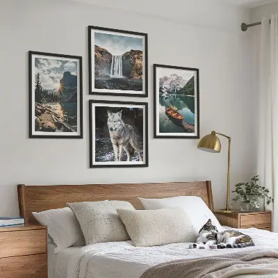 Set de 4 cuadros para salón con paisajes de montañas, lagos, cascada y lobo