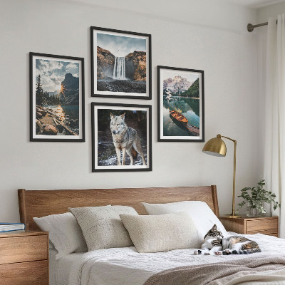 Set de 4 cuadros para salón Montañas, lagos, cascada, lobo