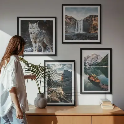 Set de 4 cuadros para salón con paisajes de montañas, lagos, cascada y lobo