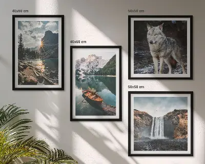 Set de 4 cuadros para salón con paisajes de montañas, lagos, cascada y lobo