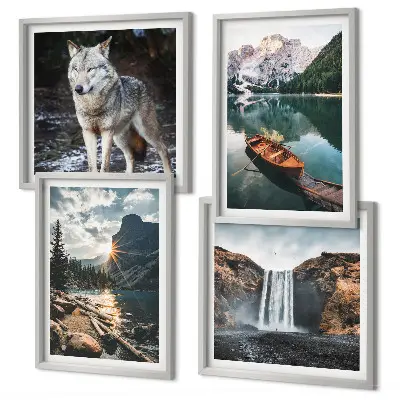 Set de 4 cuadros para salón con paisajes de montañas, lagos, cascada y lobo